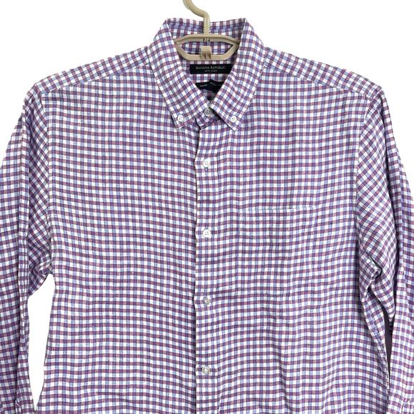 Banana Republic Mens 100% Linen Button Down Shirt Red Blue Plaid Medium - Picture 3 of 7